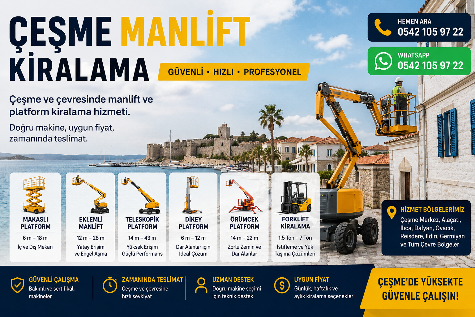Çeşme manlift kiralama, makaslı platform ve eklemli manlift hizmeti